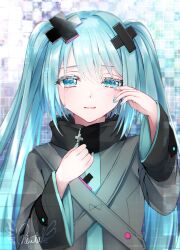 1girl aqua_eyes aqua_hair aqua_nails batsu_miku blush check_commentary chiutake_mina commentary commentary_request crying crying_with_eyes_open grey_jacket hair_between_eyes hair_ornament hatsune_miku highres jacket kowareta_sekai_to_utaenai_miku long_hair long_sleeves official_alternate_costume official_alternate_hairstyle open_mouth project_sekai smile solo streaming_tears teardrop tears twintails upper_body very_long_hair vocaloid x_hair_ornament