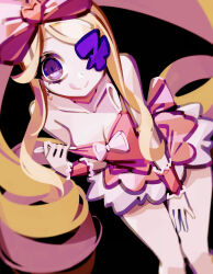 1girl black_background blonde_hair breasts cleavage colored_eyepatch commission detached_collar dress drill_hair earrings eyepatch harime_nui heart heart_earrings highres jewelry kill_la_kill lolita_fashion looking_at_viewer makaroll pink_dress pink_hair pink_wrist_cuffs pixiv_commission purple_eyes thighs tongue tongue_out twin_drills wrist_cuffs
