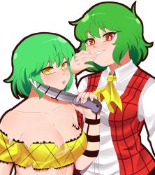 2girls absurdres breast_tattoo breasts cleavage green_hair hanaarts highres hikage_(senran_kagura) kazami_yuuka large_breasts look-alike multiple_girls open_clothes open_vest plaid_clothes plaid_vest red_eyes red_vest senran_kagura shirt short_hair tattoo touhou trait_connection vest white_shirt yellow_eyes yellow_neckwear
