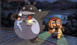 2girls barefoot highres kusakabe_mei kusakabe_satsuki multiple_girls nekobus official_art scans short_hair siblings sisters studio_ghibli tonari_no_totoro totoro
