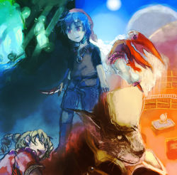 bandana blonde_hair blood blue_hair chrono_(series) chrono_cross kid_(chrono_cross) knife lynx serge_(chrono_cross) harle_(chrono_cross)