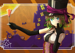 1girl absurdres bare_shoulders black_gloves black_hat black_necktie blue_eyes breasts brown_hair closed_mouth colored_tips cup elbow_gloves frills gloves green_hair hair_between_eyes halloween hat highres holding holding_cup light_blush looking_at_viewer multicolored_hair necktie orange_background original shirt short_hair silk sleeveless sleeveless_shirt smile solo spider_web teardrop_facial_mark tsukaasa underbust white_shirt