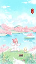 1girl artist_request bird blue_sky blunt_bangs blush_stickers bow bow_button bowtie bug bush butterfly capelet cat cherry_blossoms chinese_clothes chinese_commentary chinese_text cliff closed_eyes closed_mouth cloud collared_shirt commentary_request copyright_name day deformed double_bun dove ear_covers fighting_stance flats flock flower full_body hair_bun hair_ribbon happy highres hood hood_up hooded_capelet insect legs_apart light_particles long_sleeves momo_(nikki) mountainous_horizon musical_note nikki_(nikki) nikki_(series) official_art orange_bow orange_bowtie outdoors outstretched_arms pants petals pink_flower pink_hair puffy_long_sleeves puffy_sleeves radio red_butterfly ribbon river second-party_source shining_nikki shirt short_hair sky smile spring_(season) traditional_bowtie translation_request tree whiskers white_bow white_cat white_footwear white_pants white_ribbon white_shirt yellow_capelet yellow_flower