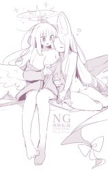 Rule 34 | 2girls, animal ears, blue archive, blush, breasts, clothed female nude female, commentary request, flat chest, greyscale, halo, hickey, highres, long hair, long sleeves, medium breasts, mika (blue archive), monochrome, multiple girls, nude, seia (blue archive), sleeping, squeans, sweater, tail, wings, yun (dust-i1), yuri