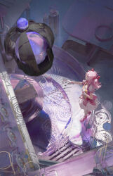 1girl abstract absurdres altar bow center_frills chest_jewel choker closed_mouth crack dress expressionless footwear_bow frilled_skirt frilled_sleeves frilled_socks frills full_body gloves hair_bow hand_on_own_chest highres indoors kaname_madoka kaname_madoka_(magical_girl) kneehighs looking_at_object magical_girl mahou_shoujo_madoka_magica mahou_shoujo_madoka_magica:_hangyaku_no_monogatari mary_janes medium_hair miniskirt noteal outstretched_arm oversized_object petticoat pink_bow pink_choker pink_dress pink_eyes pink_hair pink_shoes puffy_short_sleeves puffy_sleeves red_bow scenery shadow shoes short_sleeves skirt socks solo soul_gem square_neckline twintails waist_bow white_gloves white_skirt white_sleeves white_socks