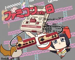 Rule 34 | 1girl, ainu clothes, armpits, artist name, black hair, chibi, dated, donkey kong (series), famicom, fingerless gloves, game console, gloves, grey eyes, hair ribbon, highres, japanese text, long hair, looking at viewer, mamahaha, nakoruru, nintendo, ribbon, samurai spirits, smile, snk, the king of fighters, translated