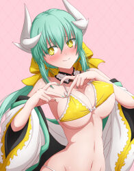 Rule 34 | 1girl, bare shoulders, bikini, blush, bow, breasts, cleavage, closed mouth, detached collar, dragon girl, dragon horns, fate/grand order, fate (series), green hair, hair bow, hasebe akira, heart, heart hands, horns, japanese clothes, kimono, kiyohime (fate), kiyohime (swimsuit lancer) (first ascension) (fate), large breasts, long hair, long sleeves, looking to the side, off shoulder, smile, solo, swimsuit, white kimono, wide sleeves, yellow bikini, yellow bow, yellow eyes