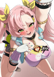 1girl absurdres arm_up blue_jacket blue_nails blush bow breasts cleavage cropped_jacket green_eyes hair_bow highres jacket large_breasts long_hair multicolored_nails nicole_demara nicole_demara_(cunning_cutie) official_alternate_costume pink_hair pink_nails pink_shirt shirt solo thigh_strap very_long_hair yamada_otonari yellow_bow zenless_zone_zero