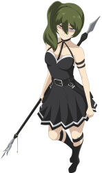 Rule 34 | 1girl, absurdres, armband, arms at sides, bare shoulders, belt, black belt, black dress, blood, blood in hair, blood on chest, blood on clothes, blood on face, boots, breasts, choker, commentary request, dress, full body, green hair, hair between eyes, heel up, highres, licking lips, long hair, looking at viewer, mage staff, medium breasts, nanziwakamika23, polearm, purple eyes, sanpaku, side ponytail, simple background, sleeveless, sleeveless dress, smile, solo, sousou no frieren, tongue, tongue out, ubel (sousou no frieren), upturned eyes, weapon, white background
