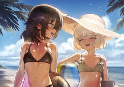 2girls bag ball beach beachball bikini bird black_bikini black_hair blonde_hair blue_eyes blunt_bangs blush breasts closed_eyes commentary english_commentary green_bikini hepari highres holding holding_bag holding_ball holding_beachball holding_swim_ring innertube kuroki_tomoko multiple_girls open_mouth outdoors palms petite short_hair small_breasts straight-on sunlight swim_ring swimsuit teeth uchi_emiri upper_body upper_teeth_only watashi_ga_motenai_no_wa_dou_kangaetemo_omaera_ga_warui! white_bird