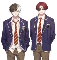 Rule 34 | 2boys, belt, black hair, brown pants, earrings, eyepatch, hand in pocket, heterochromia, highres, jewelry, light smile, long sleeves, looking at viewer, looking down, male focus, multicolored hair, multiple boys, necktie, pants, red eyes, sakura haruka (wind breaker), school uniform, shirt, short hair, simple background, soru 2023, split-color hair, suo hayato, tassel, tassel earrings, two-tone hair, white background, white hair, white shirt, wind breaker (nii satoru)