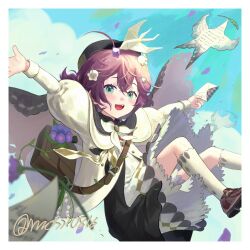 1girl :d absurdres ahoge aqua_eyes bag bird_hair_ornament black_hat blue_sky bow bowtie brown_bag brown_hair brown_shoes cloud coat dress envelope feet_out_of_frame floating flower flutterpage hair_flower hair_ornament hat highres holding holding_envelope juliet_sleeves lily_of_the_valley long_sleeves mossi_(mossi0816) official_alternate_costume open_mouth outstretched_arms puffy_sleeves purple_flower reverse:1999 shoes short_dress short_hair short_twintails shoulder_bag sky smile socks solo spread_arms twintails twitter_username white_bow white_bowtie white_coat white_dress white_flower white_socks