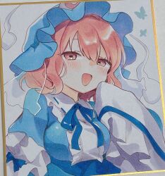 1girl :d arm_garter blue_hat blue_kimono blue_ribbon blush breasts bug butterfly hat highres hitodama insect japanese_clothes kimono long_sleeves looking_at_viewer marker_(medium) medium_breasts mob_cap moni_monico neck_ribbon open_mouth pink_eyes pink_hair ribbon saigyouji_yuyuko short_hair smile solo touhou traditional_media triangular_headpiece upper_body white_background