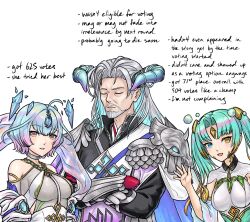 1boy 2girls blue_hair breasts english_text fire_emblem fire_emblem_heroes green_hair grimaisbestwaifu heidr_(fire_emblem) highres horns medium_breasts multiple_girls nintendo njordr_(fire_emblem) seidr_(fire_emblem) size_difference tagme white_hair
