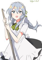 1girl absurdres alternate_costume apron black_dress braid collared_shirt cowboy_shot dress dress_shirt enmaided grey_eyes highres kantai_collection long_hair maid maid_headdress one-hour_drawing_challenge robinson_(day_l_full) shirt simple_background single_braid smile solo twitter_username wavy_hair white_apron white_background white_shirt yamagumo_(kancolle)