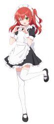 1girl ;d absurdres alternate_costume apron black_dress black_shoes blush bocchi_the_rock! commentary_request dress enmaided frilled_apron frills full_body green_eyes hair_between_eyes heart heart_hands highres kita_ikuyo leg_up long_hair looking_at_viewer maid maid_apron maid_headdress one_eye_closed one_side_up open_mouth pn_(wnsl216) puffy_short_sleeves puffy_sleeves red_hair shoes short_sleeves simple_background smile solo standing standing_on_one_leg thighhighs white_background white_thighhighs wrist_cuffs