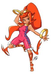 1girl bad_id bad_tumblr_id bangle barefoot big_hair bigdead bracelet breasts dancing din female_focus full_body highres jewelry long_hair matching_hair/eyes neck_ring nintendo orange_eyes orange_hair pointy_ears ribbon simple_background small_breasts solo the_legend_of_zelda the_legend_of_zelda:_oracle_of_ages the_legend_of_zelda:_oracle_of_seasons unitard very_long_hair