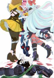 Rule 34 | 1boy, 2girls, androgynous, arm up, back cutout, black boots, black dress, black leggings, black necktie, black shoes, black skirt, blood, blood on arm, blood on ground, blood on hands, blue hair, blunt bangs, blurry, blurry background, book, boots, bow, brown hair, chromatic aberration, clenched hand, closed eyes, clothing cutout, collared shirt, cone hair bun, cross-laced clothes, cross-laced dress, crying, dress, drill hair, fire emblem, fire emblem engage, floating hair, footwear bow, from behind, fur-trimmed skirt, fur trim, goldmary (fire emblem), green necktie, hair bow, hair bun, hair horns, hair over shoulder, highres, holding, holding book, hooded top, hortensia (fire emblem), hug, jacket, jacket on shoulders, leggings, leggings under skirt, loafers, locked arms, long hair, miniskirt, multicolored hair, multiple girls, necktie, nintendo, open mouth, pantyhose, photo (object), pink hair, pleated skirt, purple bow, quad drills, raised eyebrows, red bow, red pantyhose, rosado (fire emblem), sasaki (dkenpisss), school uniform, shirt, shoes, simple background, skirt, standing, striped clothes, striped pantyhose, two-tone hair, unworn shoes, vertical-striped clothes, vertical-striped pantyhose, very long hair, white background, white petticoat, yellow skirt