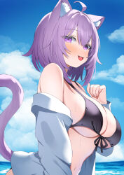 1girl aa44 ahoge animal_ear_fluff animal_ears bikini black_bikini blue_sky blush breasts cat_ears cat_girl cat_tail cleavage cloud highres hololive large_breasts nekomata_okayu open_mouth purple_eyes purple_hair shirt sky smile solo swimsuit tail virtual_youtuber water white_shirt