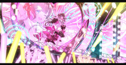 1girl absurdres agari_raburi arm_up asymmetrical_footwear asymmetrical_legwear black_thighhighs blue_eyes bow breasts brown_hair colored_inner_hair commentary_request detached_sleeves dress dress_bow finger_gun floating_hair full_body garter_straps geez gloves glowstick hair_ornament hairclip half_gloves heart heart_hair_ornament high-low_dress high-low_skirt high_heels highres holding holding_microphone idol incredibly_absurdres leg_up long_hair looking_at_viewer medium_breasts microphone mismatched_footwear mismatched_legwear multicolored_hair one_eye_closed open_mouth pink_gloves pink_hair pink_shoes project-sp shoes short_sleeves single_glove skindentation smile solo stage stage_lights standing standing_on_one_leg star_(symbol) star_hair_ornament strapless strapless_dress sweat teeth thighhighs upper_teeth_only virtual_youtuber white_dress white_footwear white_thighhighs
