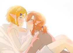 1boy 1girl bare_arms bare_shoulders big_egg526 blonde_hair blush braid breasts cleavage couple crown_braid earrings grey_shirt hair_between_eyes hair_ornament hairclip hand_on_another&#039;s_neck hetero highres jewelry link looking_at_another low_ponytail medium_breasts medium_hair nintendo parted_bangs parted_lips pointy_ears ponytail princess_zelda shirt short_hair sideboob sidelocks sweatdrop the_legend_of_zelda the_legend_of_zelda:_tears_of_the_kingdom white_background white_negligee