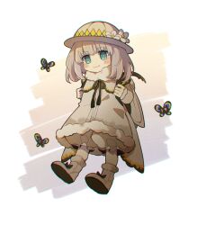 1boy :3 adapted_costume aged_down aqua_eyes backpack bag bloomers blush_stickers boots bright_pupils bug butterfly chinese_commentary chromatic_aberration closed_mouth coat commentary_request fate/grand_order fate_(series) film_grain flower full_body fur-trimmed_boots fur-trimmed_coat fur-trimmed_sleeves fur_trim green_bag green_ribbon grey_hair hair_flower hair_ornament highres insect long_sleeves male_focus medium_hair neck_ribbon oberon_(fate) oberon_(second_ascension)_(fate) ribbon smile solo underwear white_bloomers white_boots white_coat white_flower white_pupils yuezhuanlang