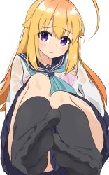 1girl ahoge aqua_neckerchief arms_at_sides black_sailor_collar black_socks blonde_hair blue_skirt bra bra_visible_through_clothes closed_mouth foot_focus furrowed_brow hair_between_eyes hair_flaps huge_ahoge kanno_(kan_save) knees_up koshi_torako legs_together light_blush long_hair looking_at_viewer miniskirt multicolored_eyes multicolored_hair neckerchief no_shoes orange_hair pink_bra pleated_skirt purple_eyes sailor_collar school_uniform see-through_clothes see-through_shirt serafuku shikanoko_nokonoko_koshitantan shirt simple_background skirt socks solo toes underwear wet wet_clothes wet_hair wet_shirt white_background