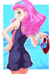 1girl absurdres ass blue_dress blue_eyes blue_hairband cowboy_shot dress from_behind goggles grin hairband hand_on_own_hip highres holding kazuma_muramasa laura_la_mer long_hair looking_at_viewer looking_back outline pink_hair precure short_dress sleeveless sleeveless_dress smile solo standing swim_cap swim_goggles tropical-rouge!_precure white_outline