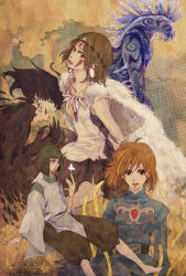 00s 1980s_(style) 1990s_(style) 2boys 2girls barefoot belt black_hair blue_shirt brown_eyes brown_hair brown_theme cape cloak company_connection crossover daidarabocchi daidarabocchi_(mononoke_hime) dress earrings facepaint feathers flying fur haku headband highres howl howl_(howl_no_ugoku_shiro) howl_no_ugoku_shiro jewelry kaze_no_tani_no_nausicaa mikuni28 mononoke_hime multiple_boys multiple_crossover multiple_girls nausicaa necklace oldschool open_mouth retro_artstyle san_(mononoke_hime) sen_to_chihiro_no_kamikakushi shirt spirit studio_ghibli transformation wizard