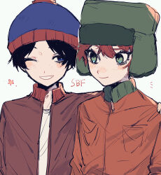 Rule 34 | 2boys, absurdres, animification, beanie, black hair, blue eyes, fur hat, green eyes, hand on another&#039;s shoulder, hat, highres, jacket, kyle broflovski, male focus, multiple boys, one eye closed, orange hair, pom pom (clothes), pom pom beanie, short hair, sippudayo, smile, south park, stan marsh, ushanka