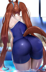 1girl absurdres animal_ears ass ass_focus bare_shoulders blue_one-piece_swimsuit blurry blurry_background clothing_cutout commentary_request competition_school_swimsuit daiwa_scarlet_(umamusume) from_behind highres horse_ears horse_girl horse_tail jitome_no_tsugumi long_hair nape one-piece_swimsuit pool poolside red_hair school_swimsuit solo swimsuit tail tail_through_clothes thighs tracen_swimsuit twintails umamusume very_long_hair water wet wet_hair
