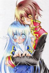 Rule 34 | 1boy, 1girl, 2000s (style), :d, ahoge, black coat, blue dress, blue eyes, blue hair, blush, brown hair, chinese commentary, closed mouth, coat, commentary request, cross, cross necklace, dress, feathered wings, gold trim, head wings, hug, jewelry, juliet sleeves, long hair, long sleeves, looking at viewer, multicolored coat, nanami (s881201guy), necklace, open mouth, pointy ears, priest (ragnarok online), puffy sleeves, ragnarok online, red coat, short hair, simple background, smile, two-tone coat, upper body, white background, white wings, wings, yellow eyes