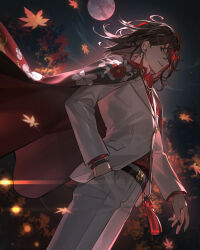 Rule 34 | 1boy, brown hair, cape, cowboy shot, formal clothes, grin, highres, male focus, moon, multicolored hair, nijisanji, nijisanji en, pants, red cape, red hair, smile, solo, suit, teeth, tsugutoku, two-tone hair, vox akuma, vox akuma (1st costume), white pants, white suit, yellow eyes