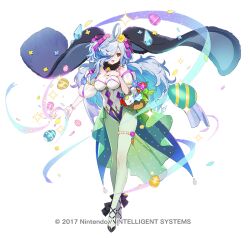 1girl ahoge animal_ears attack bare_shoulders bead_bracelet beads blue_hair blush bracelet breasts copyright_notice crystal detached_sleeves dress egg eitr_(fire_emblem) eitr_(spring)_(fire_emblem) fake_animal_ears fire_emblem fire_emblem_heroes flower frilled_dress frills full_body goat_horns green_pantyhose hair_flower hair_ornament hair_over_one_eye high_heels horns jewelry leotard long_hair medium_breasts nintendo nontraditional_playboy_bunny official_alternate_costume official_alternate_hairstyle official_art open_mouth pantyhose rabbit_ears red_eyes semi-transparent_dress siino simple_background small_horns solo strapless strapless_leotard very_long_hair wavy_hair white_background