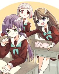 3girls :d aqua_neckerchief blush brown_dress chair classroom closed_mouth commentary desk dress fujishima_megumi grey_hair highres kanduki_kamibukuro link!_like!_love_live! long_hair long_sleeves love_live! low_ponytail medium_dress multicolored_hair multiple_girls neckerchief official_alternate_hairstyle on_chair open_mouth otomune_kozue ponytail purple_eyes red_eyes red_hair sailor_collar sailor_dress school_chair school_desk short_hair sidelocks sitting smile socks streaked_hair sweatdrop two_side_up v-shaped_eyebrows virtual_youtuber white_sailor_collar white_socks winter_uniform yellow_background yugiri_tsuzuri