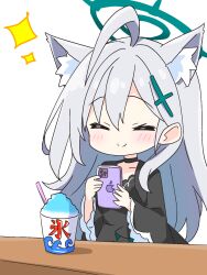 1girl ahoge animal_ear_fluff animal_ears black_choker black_dress blue_archive blush cellphone choker closed_eyes closed_mouth commentary_request cross_hair_ornament dress extra_ears food green_halo grey_hair hair_ornament halo highres holding holding_phone iphone kotatsu-mazoku long_hair long_sleeves phone shaved_ice shiroko_(blue_archive) shiroko_terror_(blue_archive) simple_background smartphone smile solo sparkle upper_body white_background wide_sleeves wolf_ears
