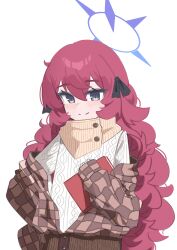1girl absurdres alternate_costume anma21 black_eyes black_ribbon blue_archive book brown_jacket commentary hair_ribbon halo highres holding holding_book iroha_(blue_archive) jacket looking_at_viewer open_clothes open_jacket purple_halo red_hair ribbon simple_background solo split_mouth sweater wavy_hair white_background white_sweater