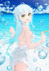 1girl absurdres ass backless_dress backless_outfit bare_shoulders blue_hair blush breasts bubble dress green_eyes hair_ornament highres holding long_hair looking_at_viewer na_kyo ocean open_mouth original outdoors sideboob sleeveless smile solo strapless very_long_hair water white_dress
