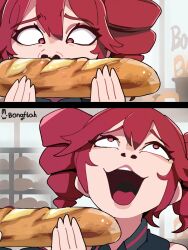 Rule 34 | 1girl, absurdres, baguette, bare shoulders, bongfill, bread, commentary, drill hair, food, highres, holding, holding food, holding weapon, kasane teto, kpop demon hunters, looking up, open mouth, red eyes, red hair, rumi sniffing kimbap (meme), signature, sleeveless, smelling, solo, symbol-only commentary, synthesizer v, teeth, twin drills, twintails, upper teeth only, utau, weapon