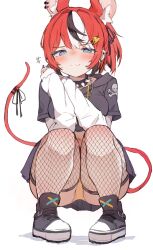 1girl :3 animal_ear_fluff animal_ears black_shoes blue_eyes blush breasts collar ear_piercing extra_ears fishnet_thighhighs fishnets full_body hakos_baelz highres hololive hololive_english layered_sleeves long_sleeves medium_breasts mouse_ears mouse_tail multicolored_hair orobou panties piercing red_hair ribbon shoes short_over_long_sleeves short_sleeves sleeves_past_wrists solo spiked_collar spikes squatting streaked_hair tail tail_ornament tail_ribbon thighhighs underwear virtual_youtuber yellow_panties