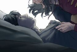 Rule 34 | 1girl, 2boys, bags under eyes, black eyes, black hair, clothes grab, exhausted, glowing, grabbing from behind, han sooyoung, hand on another&#039;s shoulder, hand on another&#039;s stomach, head on pillow, kim dokja, lying, macaronijail, medium hair, multiple boys, omniscient reader&#039;s viewpoint, on back, out of frame, pillow, short hair, shouting, sidelighting, white background, yoo joonghyuk