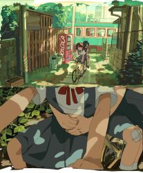 2girls absurdres ayanami_rei bandage_on_knee bicycle blue_hair day headgear highres interface_headset_(evangelion) multiple_girls neon_genesis_evangelion orange_hair outdoors red_ribbon ribbon riding riding_bicycle saplemu school_uniform short_hair souryuu_asuka_langley tokyo-3_middle_school_uniform train tree vending_machine yuri