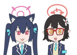 Rule 34 | 2girls, :3, :d, animal ear fluff, animal ears, aqua armband, aqua necktie, armband, ayane (blue archive), black hair, blazer, blue archive, bow, cat ears, cat girl, collared shirt, commentary request, glasses, hair between eyes, hair bow, hair ornament, hair ribbon, hairclip, halo, jacket, long hair, long sleeves, looking at viewer, multiple girls, necktie, open mouth, pointy ears, red eyes, ribbon, school uniform, serika (blue archive), shirt, short hair, sidelocks, simple background, sketch, smile, twintails, ueyama michirou, white background, yellow eyes