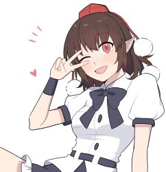 1girl black_bow black_bowtie black_skirt blush bow bowtie breasts collared_shirt commentary_request frilled_skirt frills hat heart highres looking_at_viewer no_wings one_eye_closed open_mouth pink_eyes pointy_ears pom_pom_(clothes) red_hat sakic43899 shameimaru_aya shirt simple_background skirt smile solo tokin_hat touhou v v_over_eye white_background white_shirt