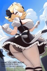 1girl 2024 apron arms_up artist_name ass black_bow black_dress black_panties blonde_hair blush borrowed_character bow breasts city clenched_hands closed_eyes cloud cloudy_sky commentary commission cowboy_shot cuffs day detached_collar dress dutch_angle english_commentary facing_viewer frilled_dress frills gloves hair_over_one_eye happy highres huge_ass huge_breasts juliet_sleeves lace lace-trimmed_legwear lace_trim legs_together locket_white_(bakalorin) long_sleeves maid maid_apron maid_headdress mario_(series) megurion nintendo original outdoors panties panties_over_pantyhose pantyhose puffy_short_sleeves puffy_sleeves short_sleeves shy_gal sideboob sky smile standing swept_bangs thank_you thick_thighs thighs tree two-tone_bow underboob underbust underwear white_bow white_gloves white_mask white_pantyhose