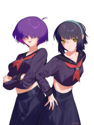 2girls alice_(raneblu) black_hair black_skirt breasts closed_mouth cowboy_shot crop_top facing_viewer flying_sweatdrops freckles hair_over_eyes hairband hand_on_own_hip highres long_sleeves looking_at_viewer mara_(raneblu) midriff multiple_girls navel neckerchief notice original purple_hair purple_shirt raneblu red_neckerchief sailor_collar school_uniform shirt short_hair sidelocks simple_background skirt small_breasts smile tongue tongue_out twitter_username watermark white_background yellow_eyes