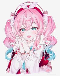 1girl aqua_eyes aqua_hair commentary_request dress drill_hair hat highres honkai:_star_rail honkai_(series) hyacine_(honkai:_star_rail) multicolored_hair open_mouth own_hands_together pink_hair red_dress red_hat simple_background smile solo syarou teeth twin_drills two-tone_hair upper_body upper_teeth_only white_background