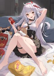 1girl absurdres ahoge alternate_costume animal arm_behind_head arm_up armpits bare_arms bare_legs bare_shoulders barefoot black_choker black_skirt brand_name_imitation breasts can chips_(food) choker coca-cola cola collared_shirt convenient_leg dog doritos feet fenrir_(tower_of_fantasy) food hairband hand_in_own_hair hand_up high-waist_skirt highres holding holding_can lay&#039;s_(potato_chips) legs long_hair looking_at_viewer miaohik miniskirt nail_polish neckerchief open_mouth pleated_skirt potato_chips ritz_crackers shirt skirt sleeveless sleeveless_shirt small_breasts smile solo spread_toes thick_eyebrows thigh_strap thighs toenail_polish toenails toes tower_of_fantasy white_hair white_shirt yellow_eyes