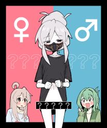 1boy 1girl 1other ? ?? ahoge black_eyes black_shirt blue_shirt blush bracelet brown_eyes clothes_lift covered_mouth deux_murasame green_hair grey_hair gundam gundam_gquuuuuux highres jewelry lifting_own_clothes long_hair looking_at_viewer mars_symbol mask mouth_mask navel onii-chan_wa_oshimai! open_mouth otori_tan oyama_mahiro sabi1234 seitokai_ni_mo_ana_wa_aru! shirt shirt_lift short_sleeves sleeves_past_wrists smile venus_symbol