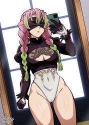 1girl 2b_(nier:automata) 2b_(nier:automata)_(cosplay) absurdres black_gloves blindfold braid breasts cameltoe cellphone cleavage cleavage_cutout clothing_cutout cosplay covered_navel gloves gluteal_fold gradient_hair green_hair highleg highleg_leotard highres holding holding_phone juliet_sleeves kanroji_mitsuri kimetsu_no_yaiba large_breasts leotard long_sleeves mirror multicolored_hair nier:automata nier_(series) parted_lips phone pink_hair puffy_sleeves reflection selfie sketchdrif smartphone solo thighs twin_braids two-tone_hair